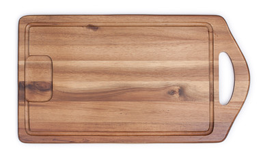 Cutting board made of acacia wood. Close-up, top view.