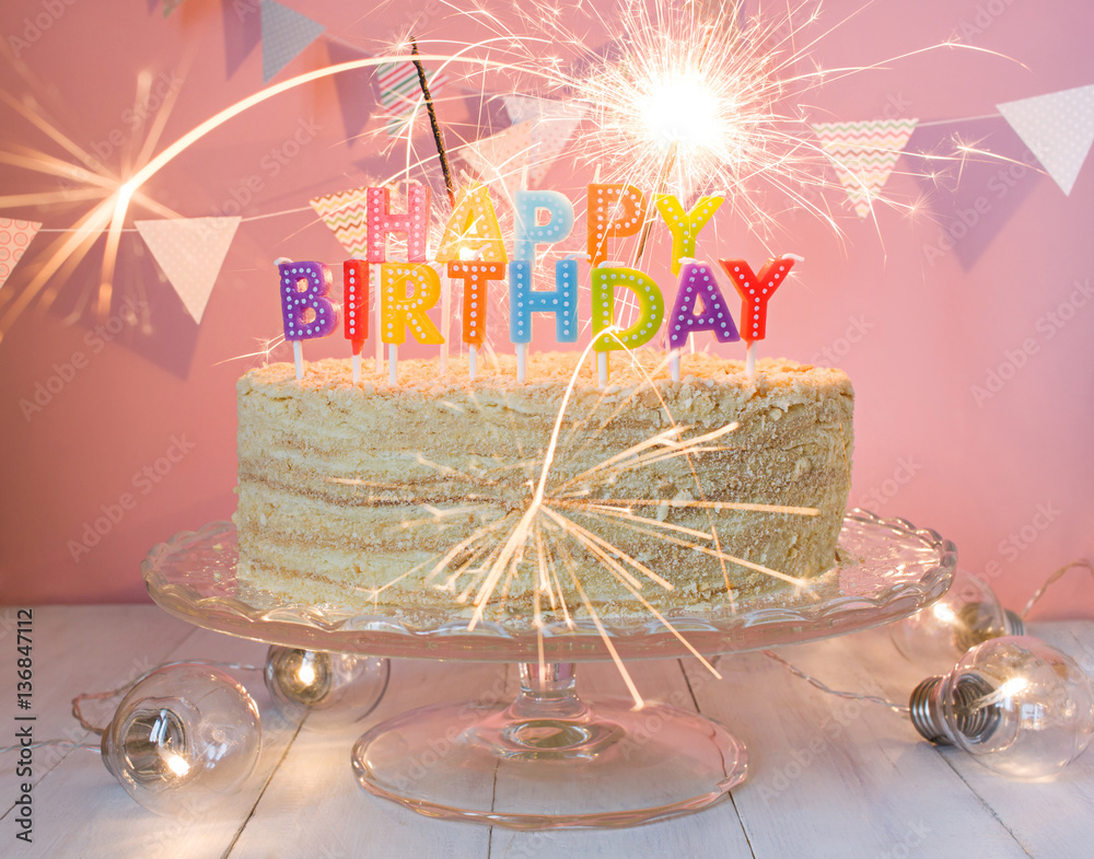 Happy Birthday cake with sparklers. Greeting card Stock Photo | Adobe Stock