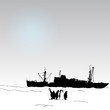Vector antarctica background with  penguin and science ship