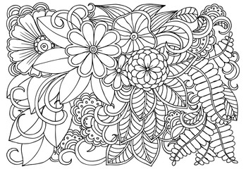 Wall Mural - Doodle floral pattern in black and white. Page for coloring book