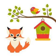 Wall Mural - cartoon bird with birdhouse on a branch and fox