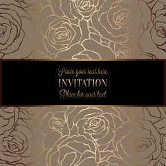 Abstract background with roses, luxury beige and gold vintage frame, victorian banner, damask floral wallpaper ornaments, invitation card, baroque style booklet, fashion pattern, template for design