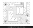 Landscape Plan of the house with swimming pool, furniture and trees in top view