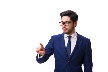 Young businessman pressing virtual buttons isolated on white