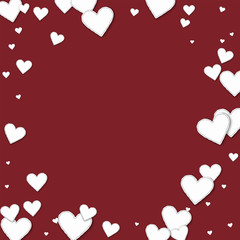 Cutout paper hearts. Bordered frame on wine red background. Vector illustration.