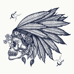 Indian skull tattoo art. Warrior symbol. Native American