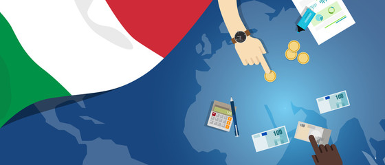 Italy economy fiscal money trade concept illustration of financial banking budget with flag map and currency