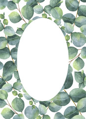 Wall Mural - Watercolor hand painted oval wreath with silver dollar eucalyptus.