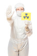 woman in the affected area with radiation in a protective suit w