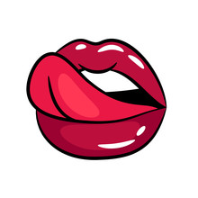 Female Tongue Liking Glossy Lips Vector Illustration On White Background