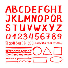 Marker Pen Red Hand Written Vector Elements On White Background. Number, Letters And Arrows Icons Collection
