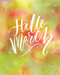 Hello march text at green and pink watercolor texture. Spring greetings. Inspirational design for social media.