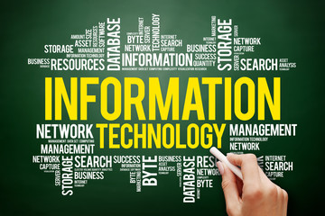 Poster - Information technology word cloud collage, business concept on blackboard