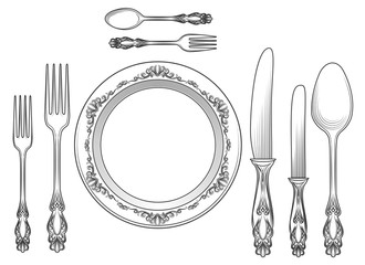 Engraving empty plate with spoon, knife and fork vector illustration. Cutlery and dinner plates hand drawn sketch for restaurants