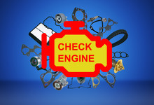 Check Engine Light Symbol. Image Of Auto Spare Parts On White Background