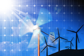 Wall Mural - Wind and Solar Energy Concept -  Solar panel and a group of wind turbines