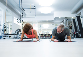 Wall Mural - Senior couple in gym in plank position working abs