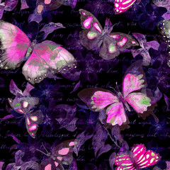 Wall Mural - flowers, glowing butterflies, hand written text note at black background. watercolor. seamless patte