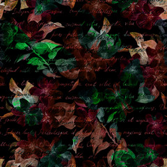 Wall Mural - night mysterious flowers, hand written letter text. black background. seamless pattern