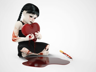 Wall Mural - 3D rendering of a blood covered small girl holding bleeding hear