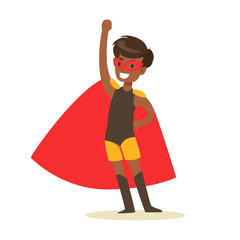 Sticker - Boy Pretending To Have Super Powers Dressed In Black Superhero Costume With Red Cape And Mask Smiling Character