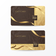 Set of luxury gift cards with golden ribbons and floral patterns on the deep brown background. Vector template for gift vouchers, credit or discount cards. Isolated from the background.