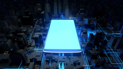 Poster - 3d rendered technology background. Giant cellphone is in the center of city. Mobile phone generating a lot of energy waves. Interrelation of digital and modern life concept.
