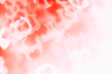  Valentine's Day Abstract Background Of Soft Red, White Bokeh Blur Hearts. Festive Valentine Backdrop.
