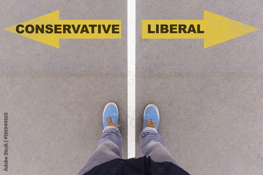 Conservative vs Liberal text arrows on asphalt ground, feet and - obrazy, fototapety, plakaty 