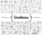 Fototapeta Big Ben - Vector set with hand drawn isolated doodles on the  theme of gardening, garden tools, agriculture, harvest