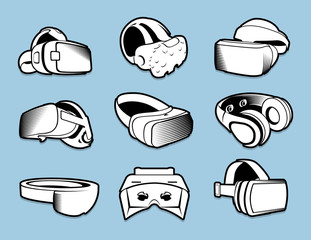 Poster - Isolated black and white color vr headset in flat style logos set on blue background.