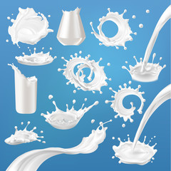 Canvas Print - Set of 3D vector milk splash and pouring