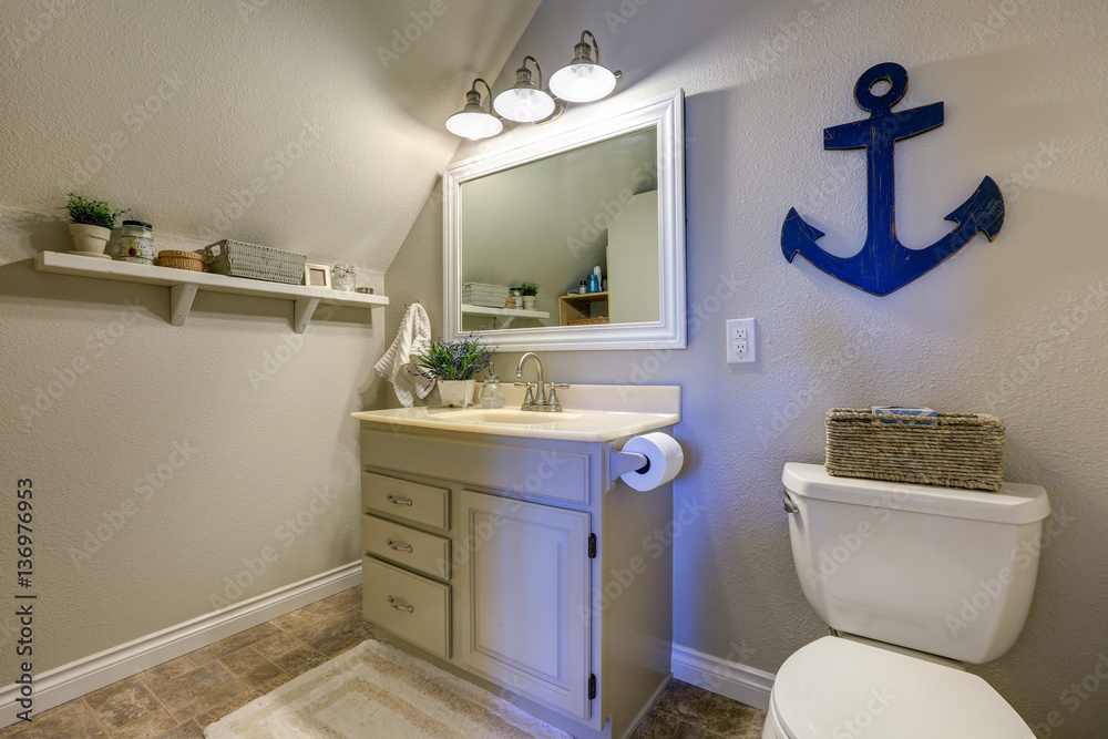 Marine Style Powder Room Interior In Soft Tones Features