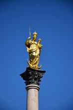 Munich, Germany, Bavaria, Square In Front Of New Town Hall - Historic Gilded Statue Of Virgin Mary As Queen With Christ As Child