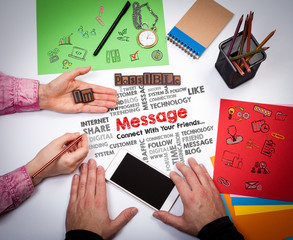 Sticker - message communication information concept. the meeting at the white office table.