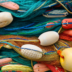 background of colorful fishing nets and floats