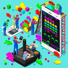Retro Video Game Screen And Gamer Person Playing Online With Console Controller Android Phone Or Computer. 3D Isometric People Icon Set. Creative Design Vector Illustration Collection