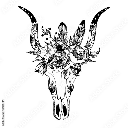 boho-chic-image-fashion-illustration-dzika-czaszka-z-kwiatami-boho-style-for-t-s