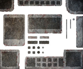 Set of realistic damaged, rusted metal user fantasy rpg game interface elements, buttons menus and windows