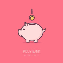 Piggy Bank Simple Vector Illustration In Flat Linework Style 
