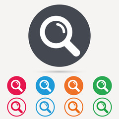 Fototapete - Magnifier icon. Search magnifying glass symbol. Round circle buttons. Colored flat web icons. Vector