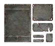 Set of realistic damaged, rusted metal user fantasy game interface elements, buttons menus and windows