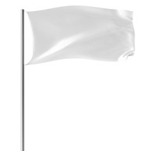 White Flag On Flagpole Flying In The Wind Empty Mock-up, Flag Isolated On White Background. Blank Mock-up For Your Design Projects. 3d Rendering