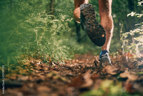 Fotomural Muscular calves of a fit male jogger training for cross country forest trail race in nature park