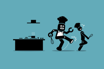 Robot chef kicks away a human chef from doing his job at kitchen. Vector artwork depicts automation, future concept, artificial intelligence, and robot replacing mankind. 