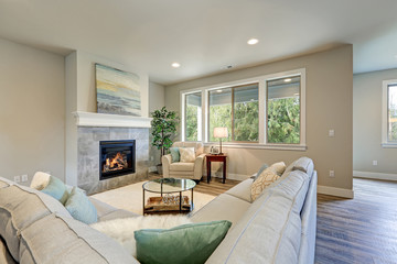 Wall Mural - Family room interior features grey linen sectional