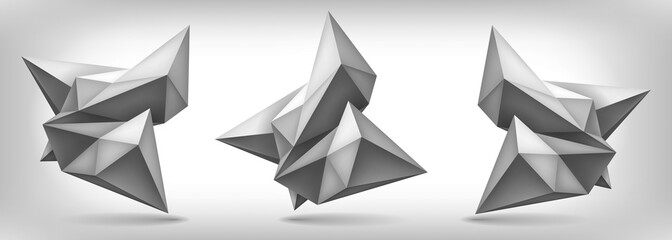 Poster - Volume geometric shapes set, 3d crystals, abstraction low polygons object, vector design forms