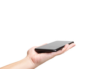Poster - Hand holding black mobile phone with blank screen isolated on wh