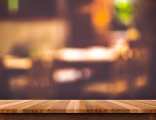 Aufkleber - Empty brown wooden table and blurred restaurant bokeh light back