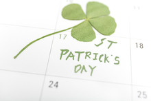 St Patricks Day On March Calendar Pin And Clover..